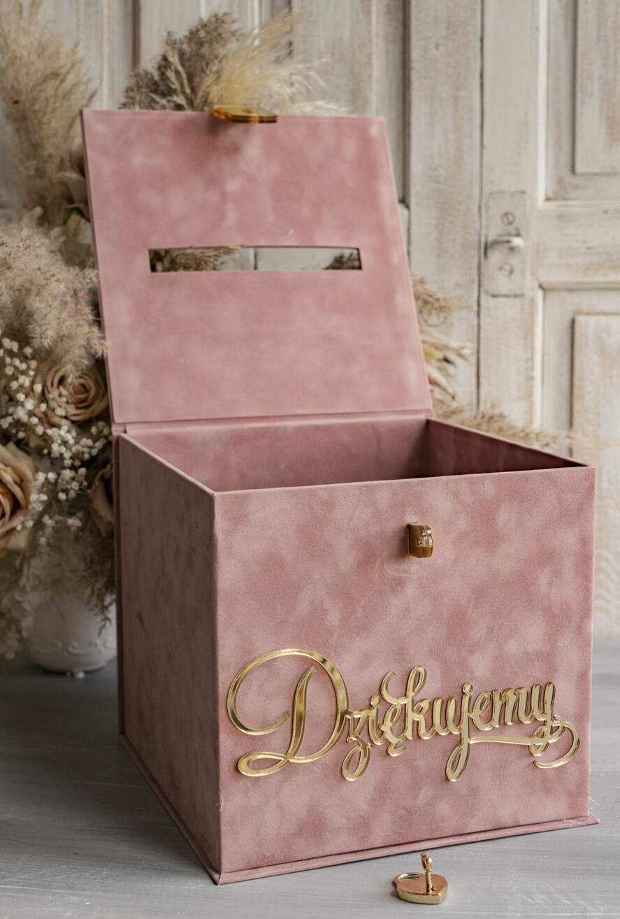 Pudełko na koperty  glamour Szybka wysyłka weselna skrzynka na koperty z życzeniami, welurowa kopertówka dla Młodej Pary, pudełko na koperty ze złotymi napisami7