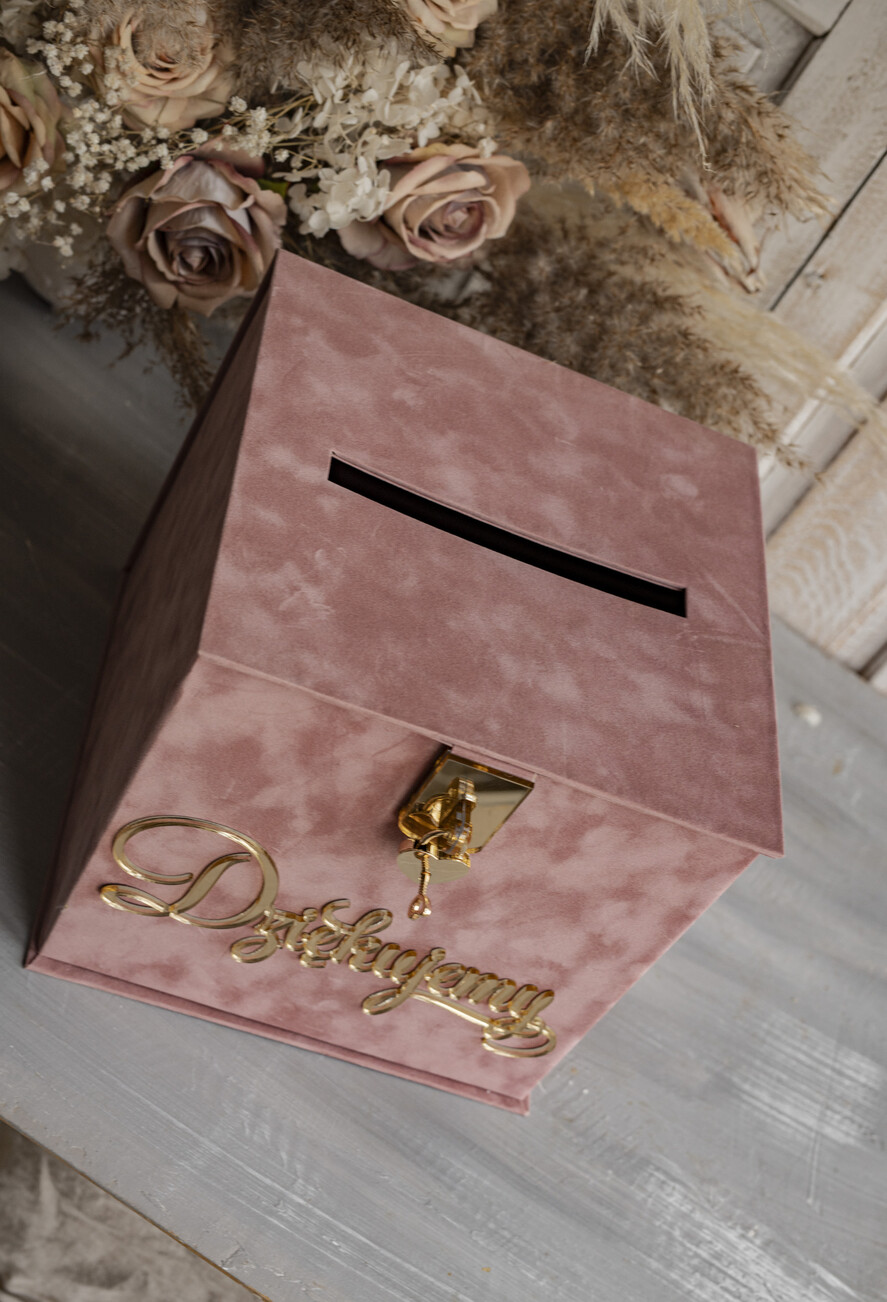 Pudełko na koperty  glamour Szybka wysyłka weselna skrzynka na koperty z życzeniami, welurowa kopertówka dla Młodej Pary, pudełko na koperty ze złotymi napisami8