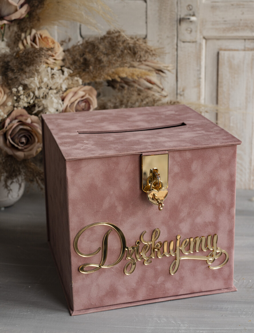 Pudełko na koperty  glamour Szybka wysyłka weselna skrzynka na koperty z życzeniami, welurowa kopertówka dla Młodej Pary, pudełko na koperty ze złotymi napisami1