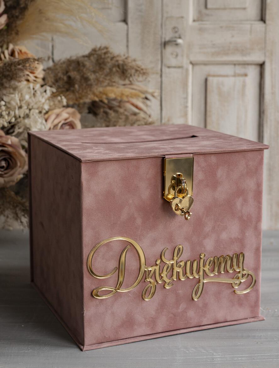 Pudełko na koperty  glamour Szybka wysyłka weselna skrzynka na koperty z życzeniami, welurowa kopertówka dla Młodej Pary, pudełko na koperty ze złotymi napisami9