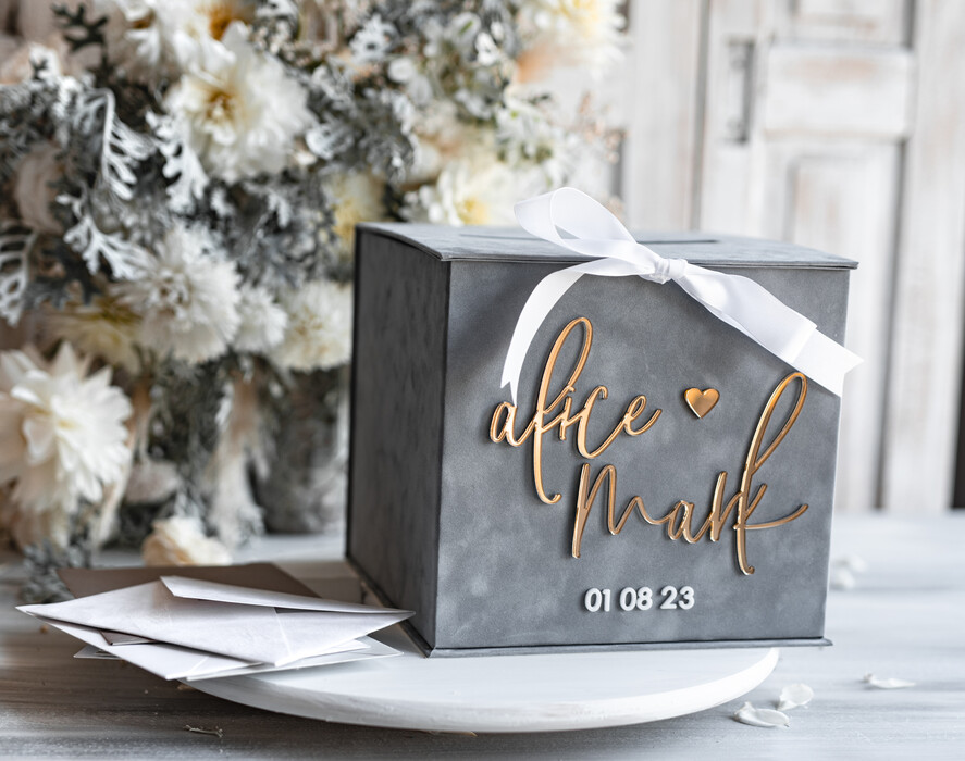 Pudełko na koperty  glamour Personalizowana szara welurowa kopertówka ze złotymi napisami, szary cieniowany welur, pudełko na koperty, pomysł na pudełko na pieniądze podczas wesela10
