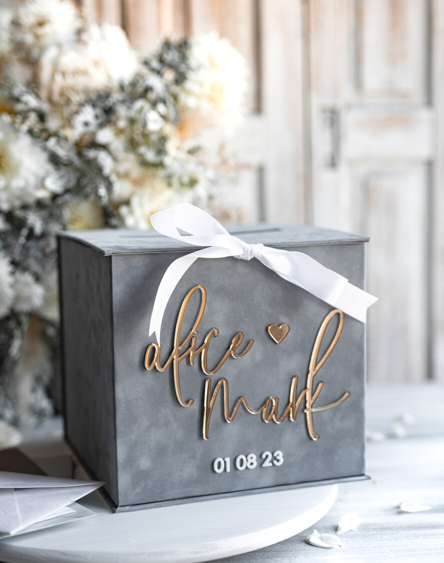 Pudełko na koperty  glamour Personalizowana szara welurowa kopertówka ze złotymi napisami, szary cieniowany welur, pudełko na koperty, pomysł na pudełko na pieniądze podczas wesela8