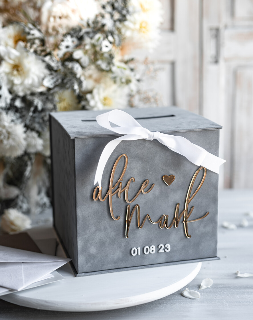 Pudełko na koperty  glamour Personalizowana szara welurowa kopertówka ze złotymi napisami, szary cieniowany welur, pudełko na koperty, pomysł na pudełko na pieniądze podczas wesela6