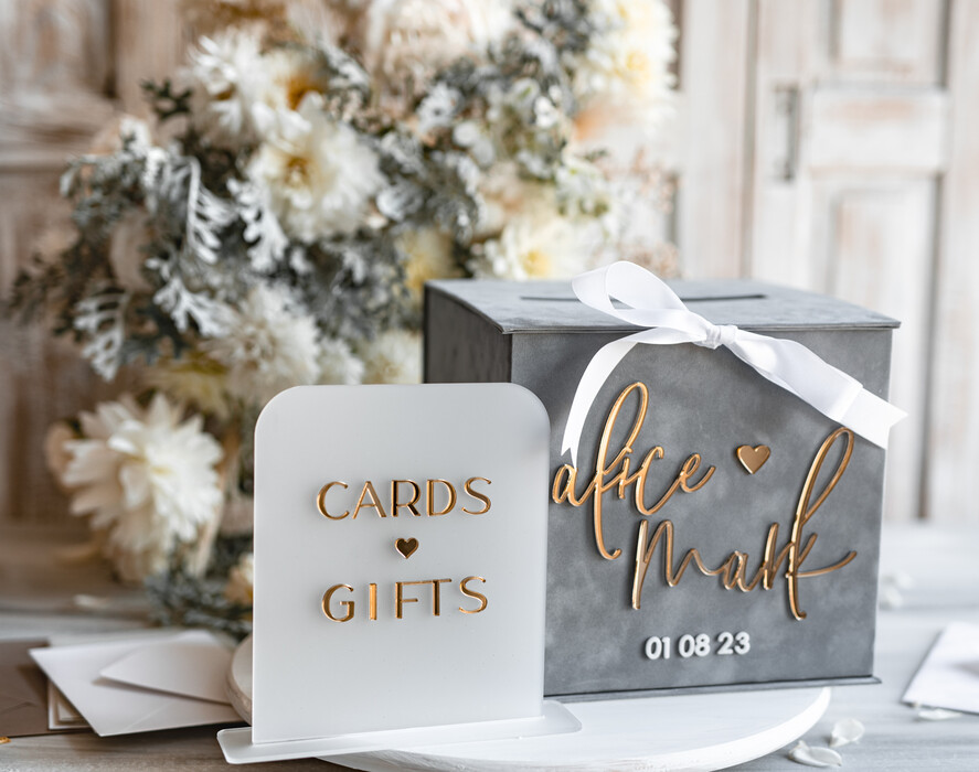 Pudełko na koperty  glamour Personalizowana szara welurowa kopertówka ze złotymi napisami, szary cieniowany welur, pudełko na koperty, pomysł na pudełko na pieniądze podczas wesela5