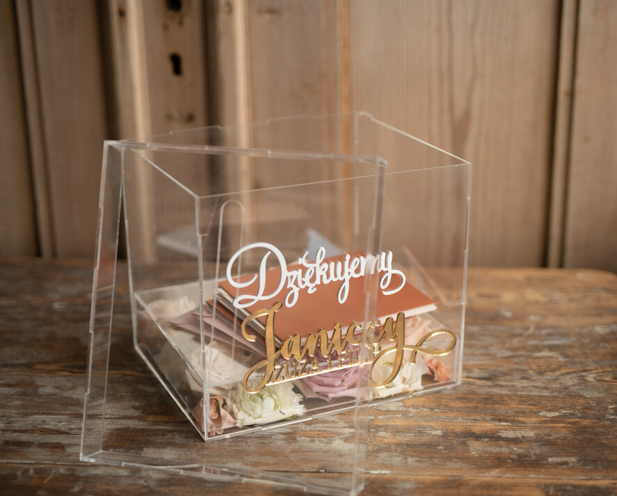 Pudełko na koperty  glamour przezroczyste pudełko na koperty weselne skrzynka na kartki ślubne złote napisy, akrylowe pudełko na koperty14