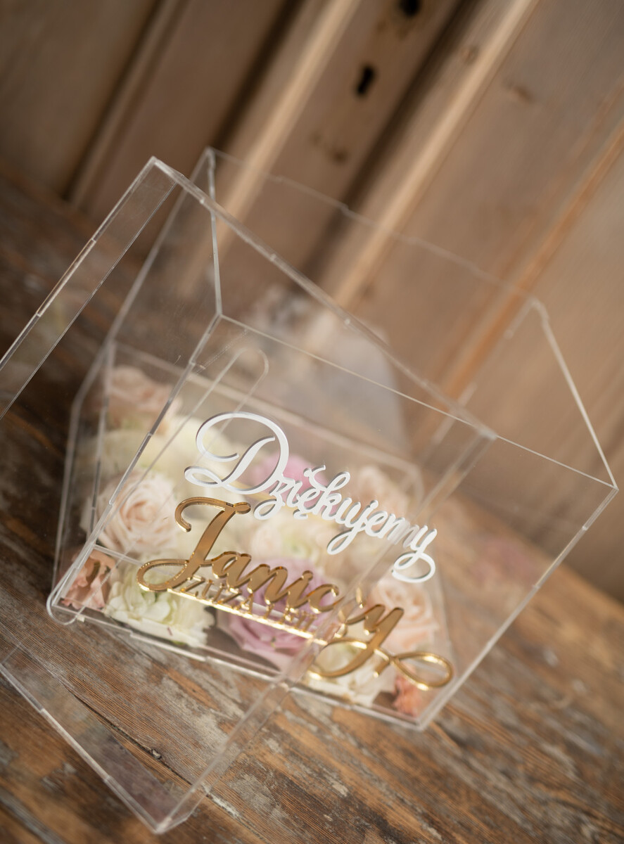 Pudełko na koperty  glamour przezroczyste pudełko na koperty weselne skrzynka na kartki ślubne złote napisy, akrylowe pudełko na koperty15
