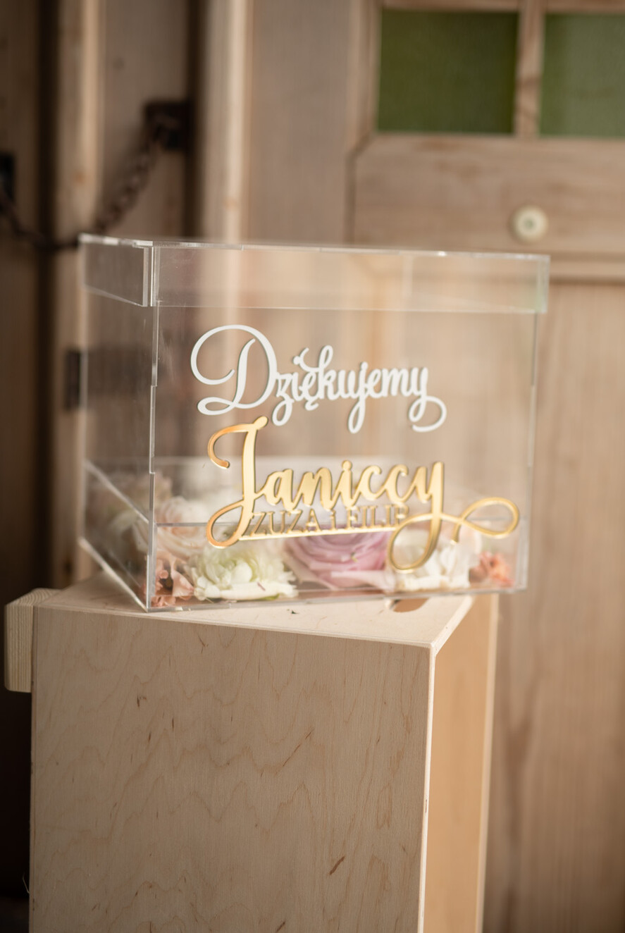Pudełko na koperty  glamour przezroczyste pudełko na koperty weselne skrzynka na kartki ślubne złote napisy, akrylowe pudełko na koperty3
