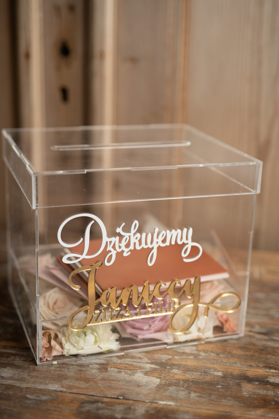 Pudełko na koperty  glamour przezroczyste pudełko na koperty weselne skrzynka na kartki ślubne złote napisy, akrylowe pudełko na koperty4