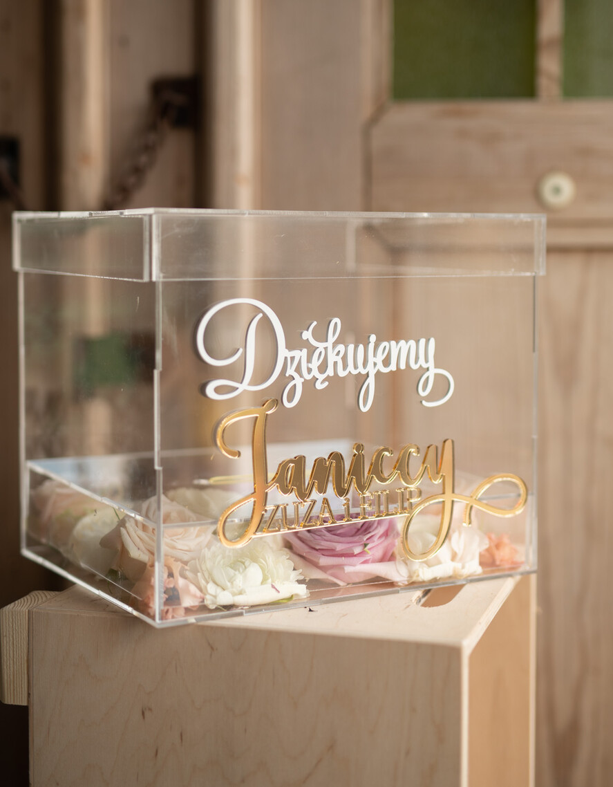 Pudełko na koperty  glamour przezroczyste pudełko na koperty weselne skrzynka na kartki ślubne złote napisy, akrylowe pudełko na koperty5
