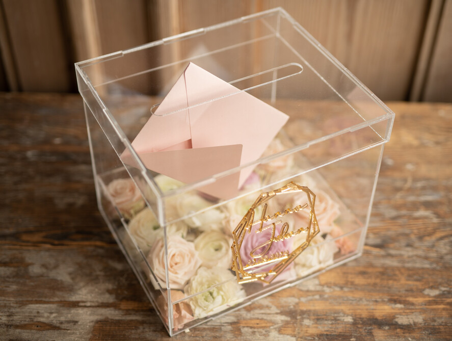 Pudełko na koperty  glamour przezroczysta skrzynka na koperty ślubne pudełko na kartki z życzeniami złote litery wasze imiona19