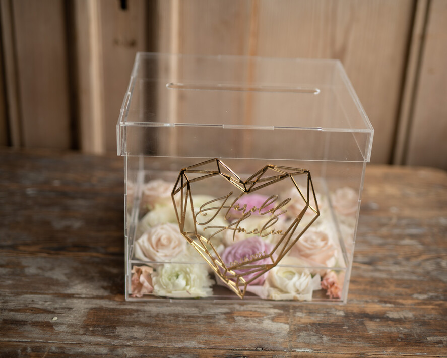 Pudełko na koperty  glamour przezroczysta ślubna skrzynka pudełko na koperty weselne geometryczne złote serce wasze imiona1