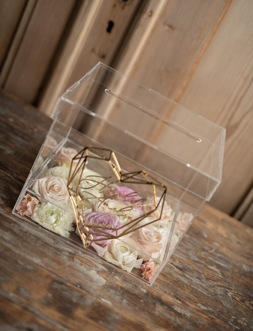 Pudełko na koperty  glamour przezroczysta ślubna skrzynka pudełko na koperty weselne geometryczne złote serce wasze imiona30