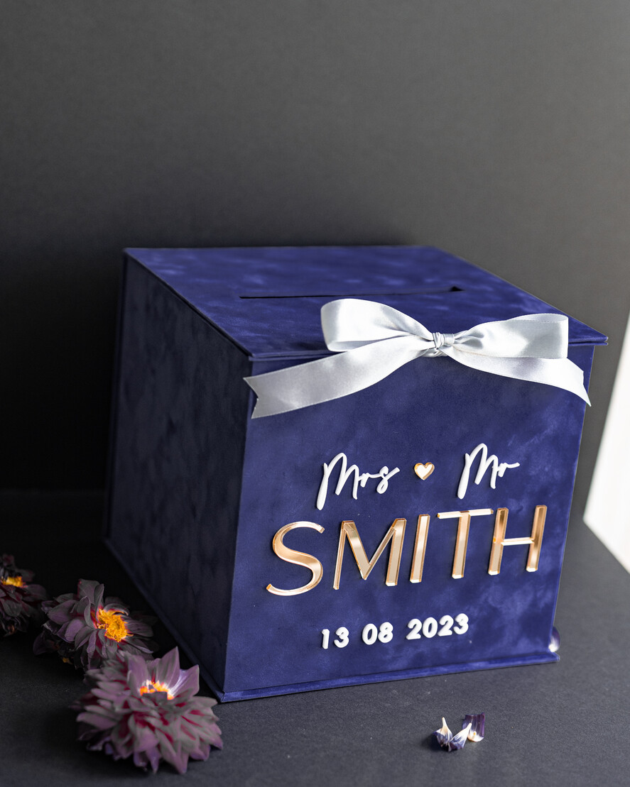 Pudełko na koperty  glamour Granatowe welurowa kopertówka ze złotymi napisami, granatowy cieniowany welur, pudełko na koperty złote napisy, kopertowka z weluru w stylu glamour3