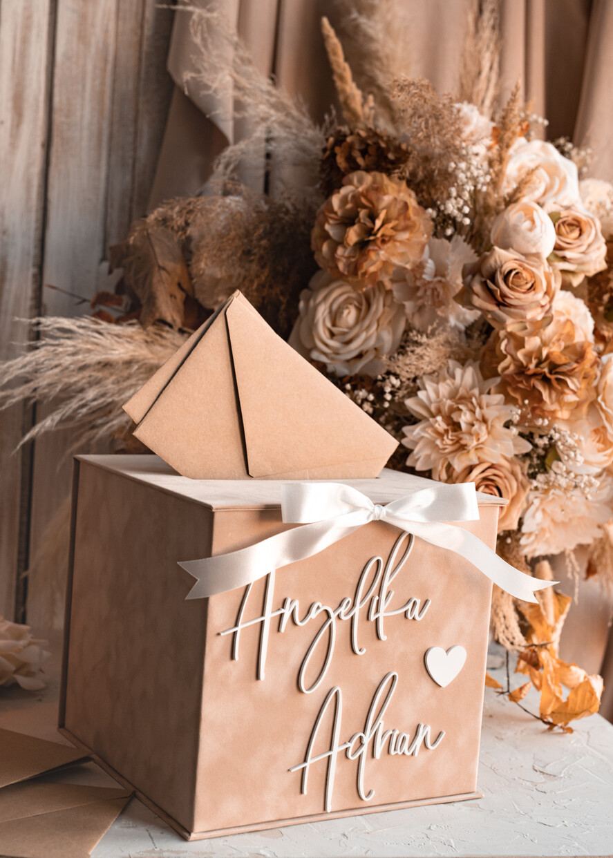 Pudełko na koperty  glamour welurowe pudełko na pieniądze ślub i wesele, eleganckie pudełko na pieniądze, prezent dla młodej pary kopertówka na pieniądze, beżowe pudełko na koperty 12