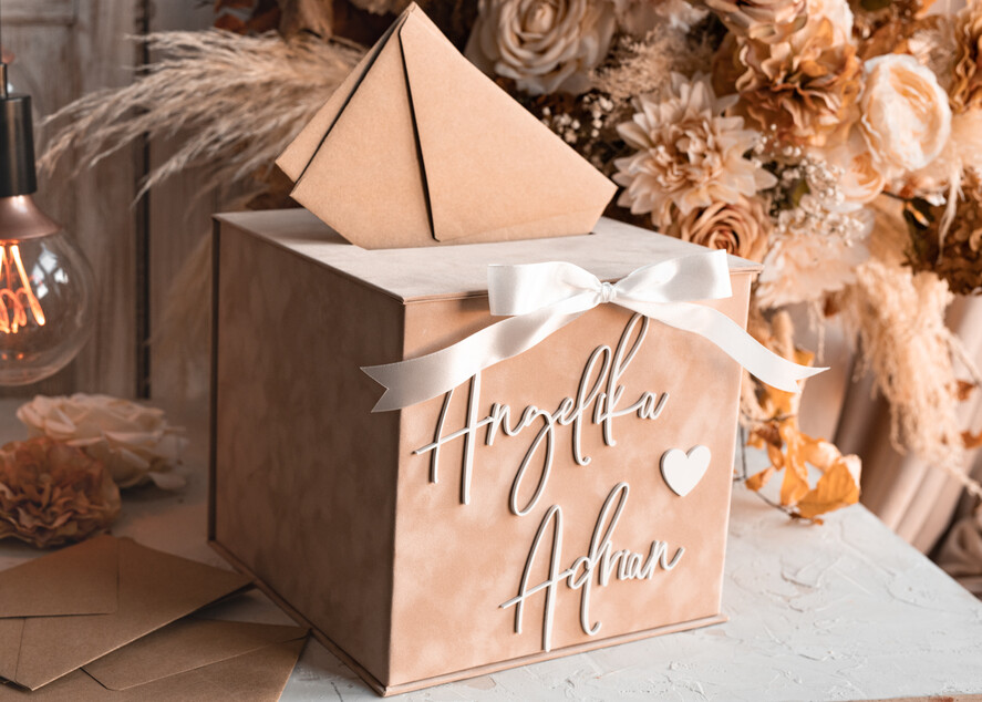 Pudełko na koperty  glamour welurowe pudełko na pieniądze ślub i wesele, eleganckie pudełko na pieniądze, prezent dla młodej pary kopertówka na pieniądze, beżowe pudełko na koperty 0