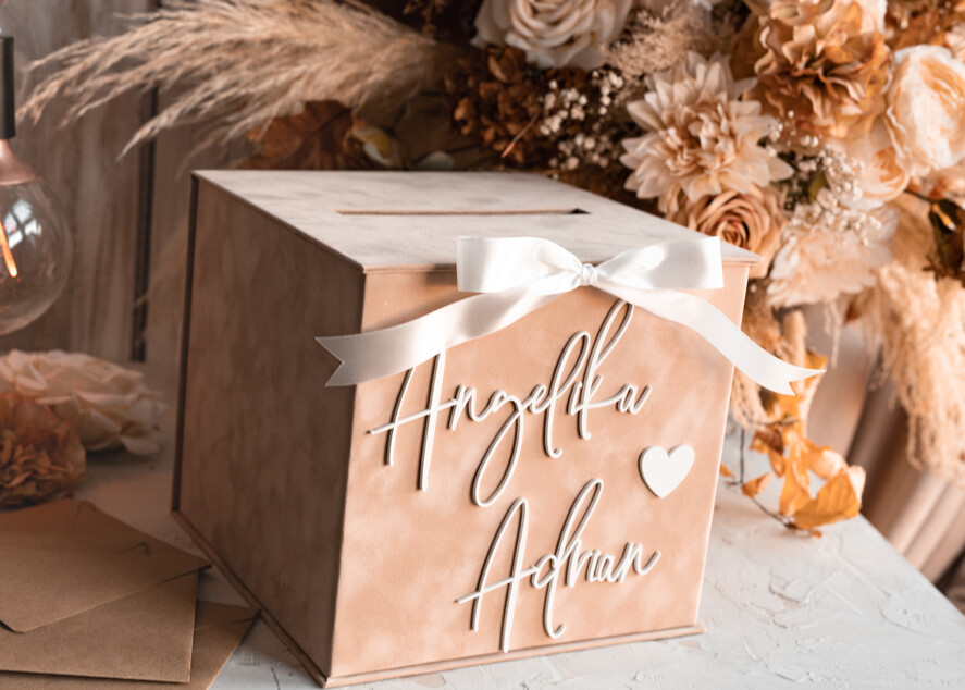 Pudełko na koperty  glamour welurowe pudełko na pieniądze ślub i wesele, eleganckie pudełko na pieniądze, prezent dla młodej pary kopertówka na pieniądze, beżowe pudełko na koperty 9