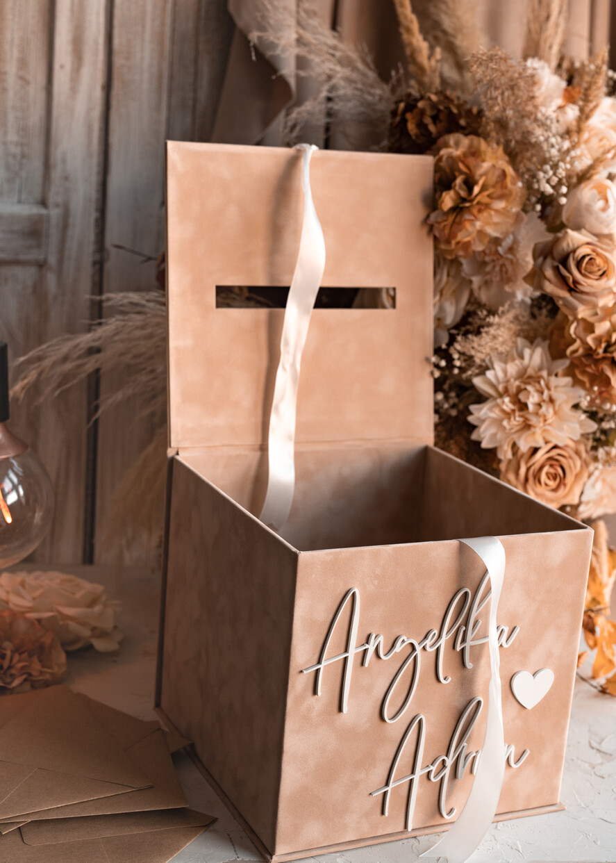 Pudełko na koperty  glamour welurowe pudełko na pieniądze ślub i wesele, eleganckie pudełko na pieniądze, prezent dla młodej pary kopertówka na pieniądze, beżowe pudełko na koperty 6