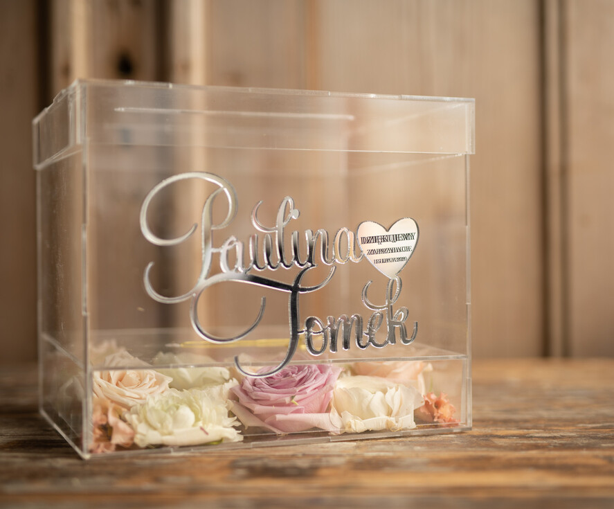 Pudełko na koperty  glamour przezroczysta kopertówka skrzynka na koperty weselne pudełko na kartki ślubne srebrne napisy wasze imiona0