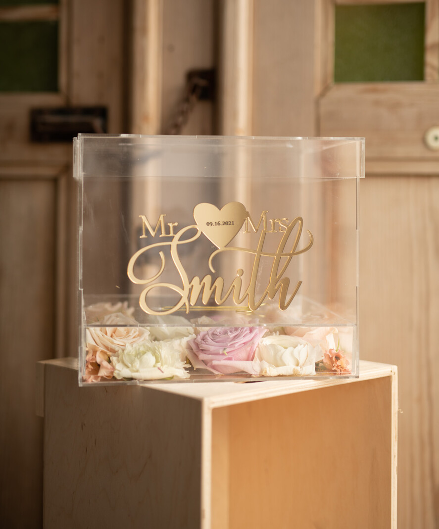 Pudełko na koperty  glamour przezroczysta kopertówka skrzynka na koperty weselne pudełko na kartki ślubne złote napisy1