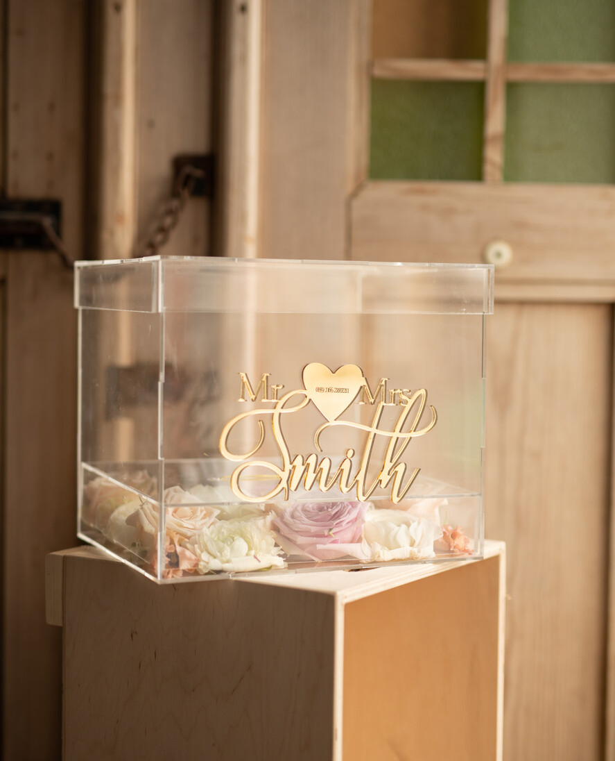 Pudełko na koperty  glamour przezroczysta kopertówka skrzynka na koperty weselne pudełko na kartki ślubne złote napisy0