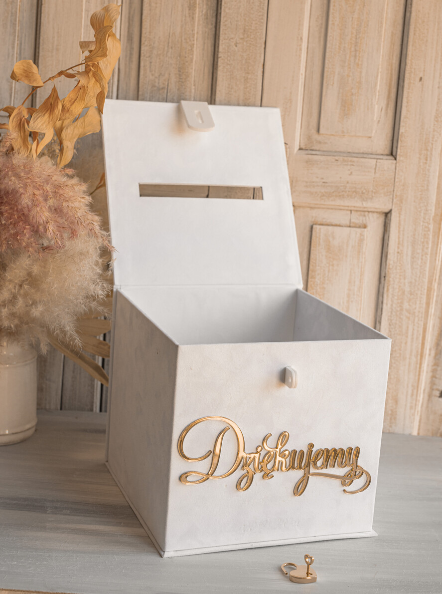 Pudełko na koperty  glamour Szybka wysyłka weselna skrzynka na koperty z życzeniami, welurowa kopertówka dla Młodej Pary, pudełko na koperty ze złotymi napisami2