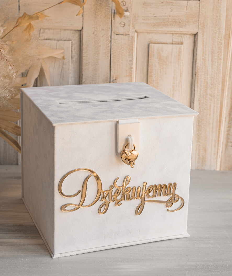 Pudełko na koperty  glamour Szybka wysyłka weselna skrzynka na koperty z życzeniami, welurowa kopertówka dla Młodej Pary, pudełko na koperty ze złotymi napisami7