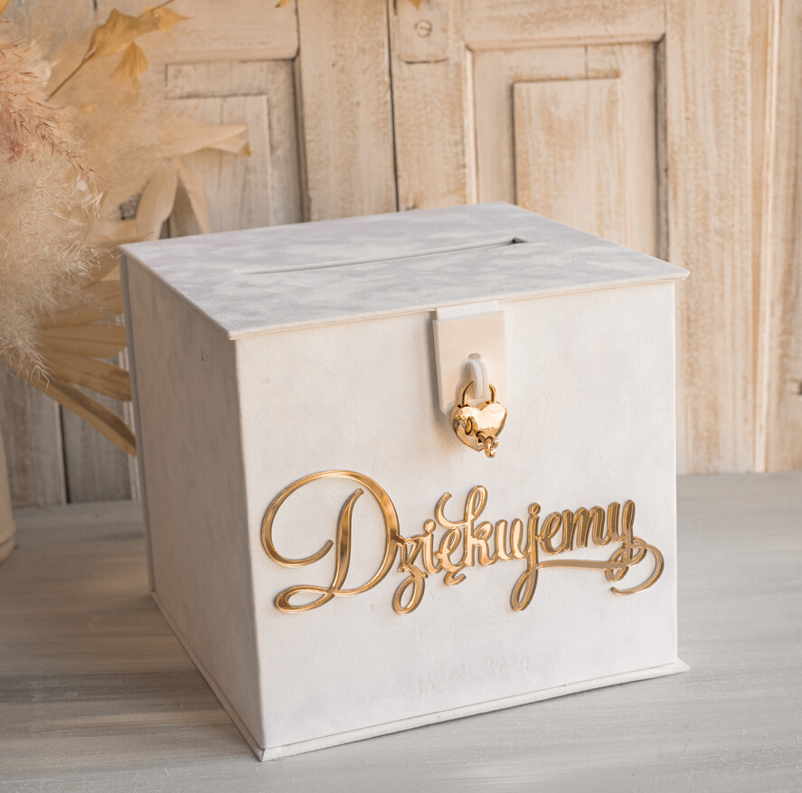 Pudełko na koperty  glamour Szybka wysyłka weselna skrzynka na koperty z życzeniami, welurowa kopertówka dla Młodej Pary, pudełko na koperty ze złotymi napisami8