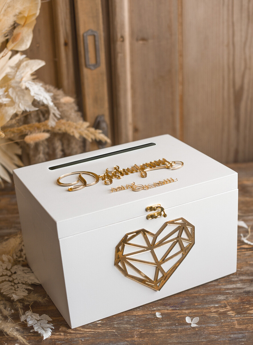 Pudełko na koperty  glamour ślubne pudełko na koperty, drewniane białe pudełko na koperty złote napisy, elegancka kopertówka ślubna na koperty 0