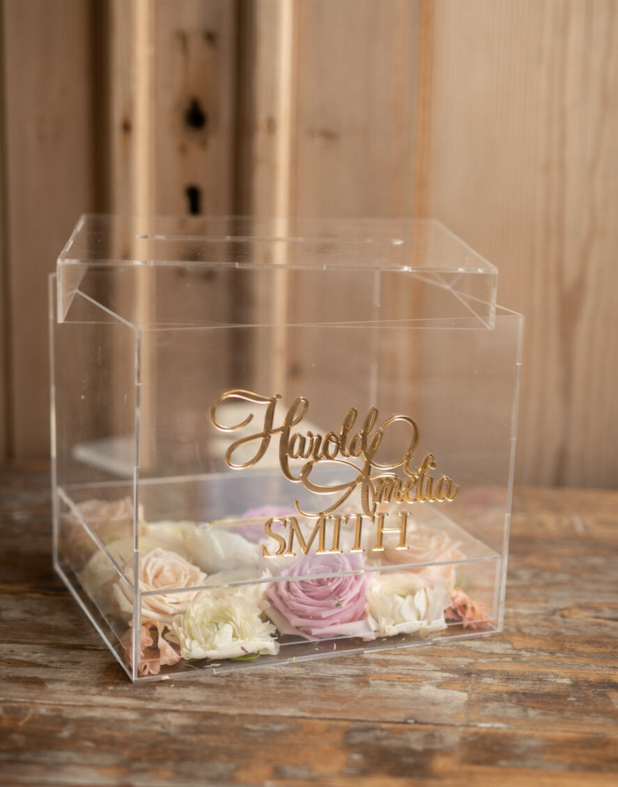 Pudełko na koperty  glamour przezroczysta skrzynka na koperty ślubne akrylowe pudełko box na kartki ślubne złote napisy imiona 1