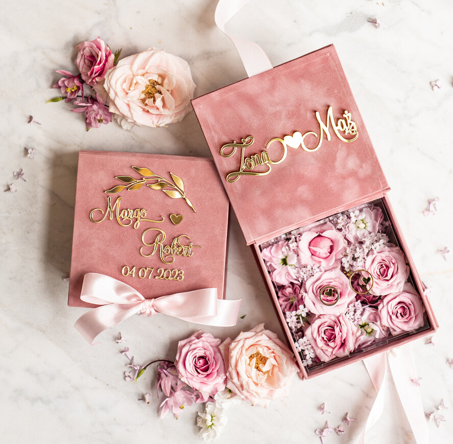 Pudełka Szkatułki na Obrączki glamour piękne welurowe pudełko na obrączki, personalizowane pudełko do podawania obrączek ślubnych, aksamitne pudełko na obrączki, welurowa szkatułka na obrączki2
