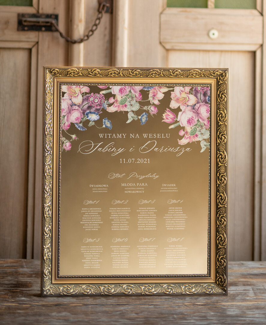 Plany stołów złote na lustrze  plansza ślubna plan stołów weselnych, nowoczesna dekoracja0