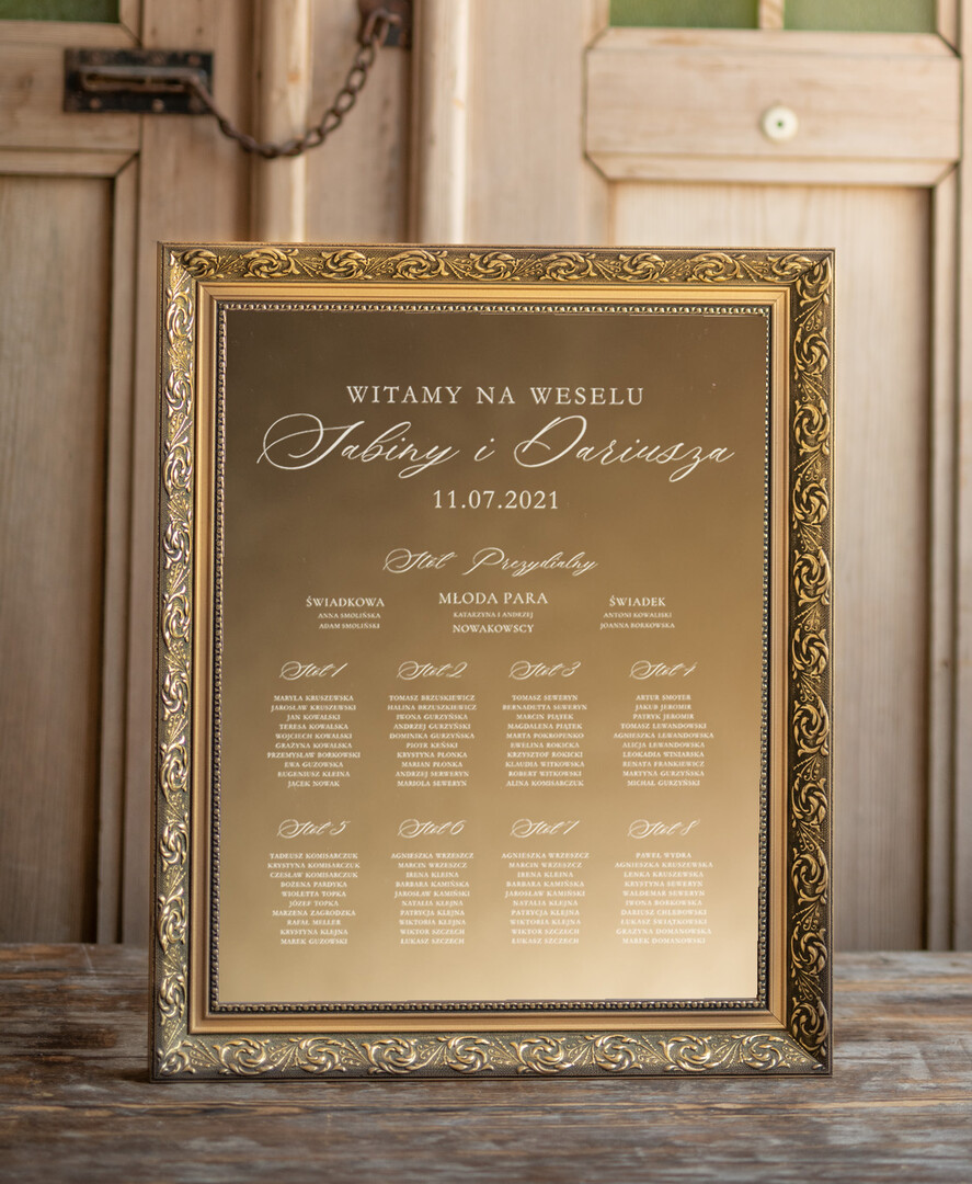 Plany stołów złote na lustrze  plan stołow na lustrze  tablica usadzenie gości na weselu złota rama powitanie gości weselnych0