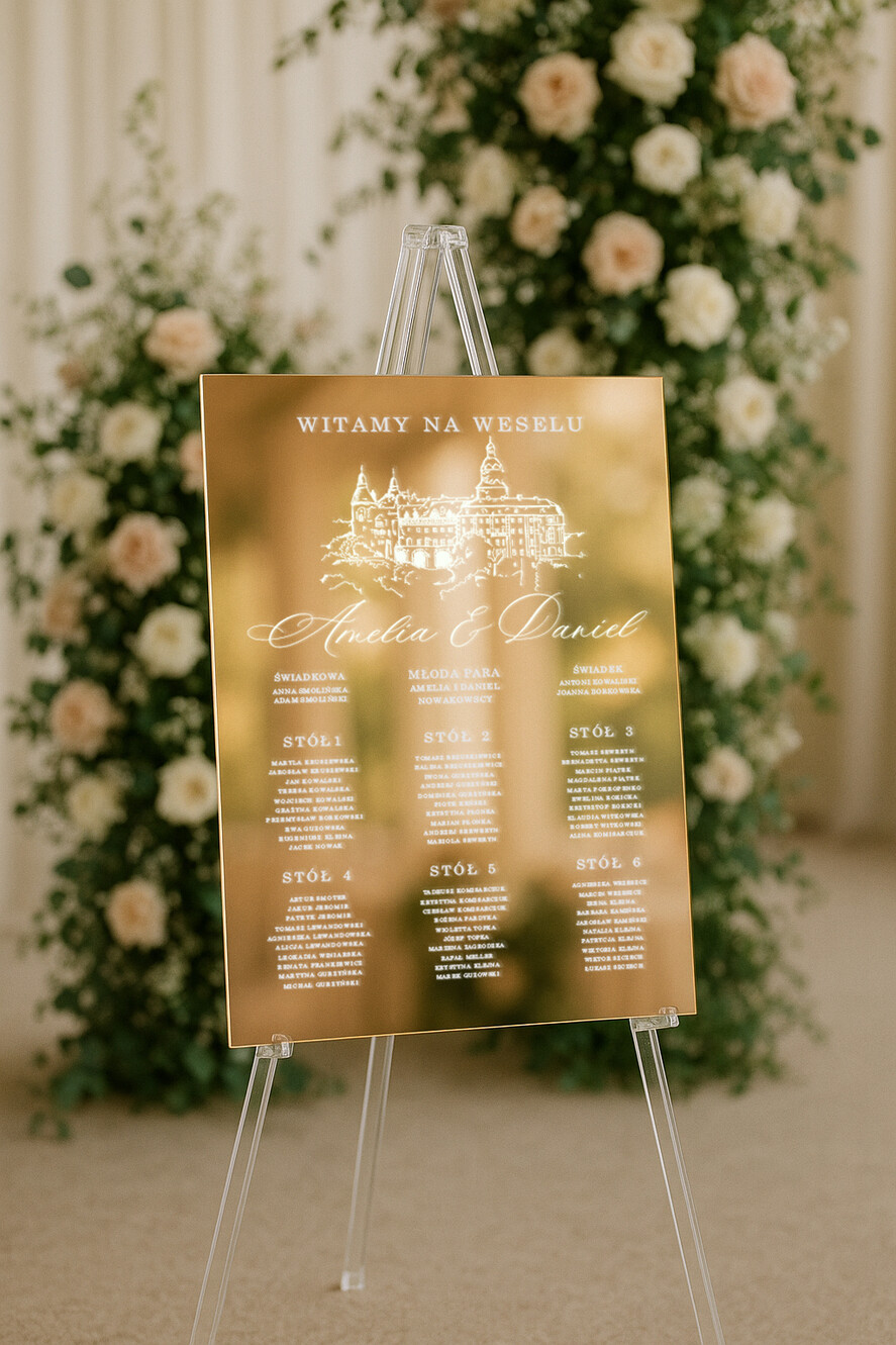 Plany stołów złote na lustrze  Złoty plan usadzenia gości, plan stołów na weselu złote lustro, plan stolow glamour, złota plansza weselna, plan usadzenia gosci na weselu na zlotym lustrze 0