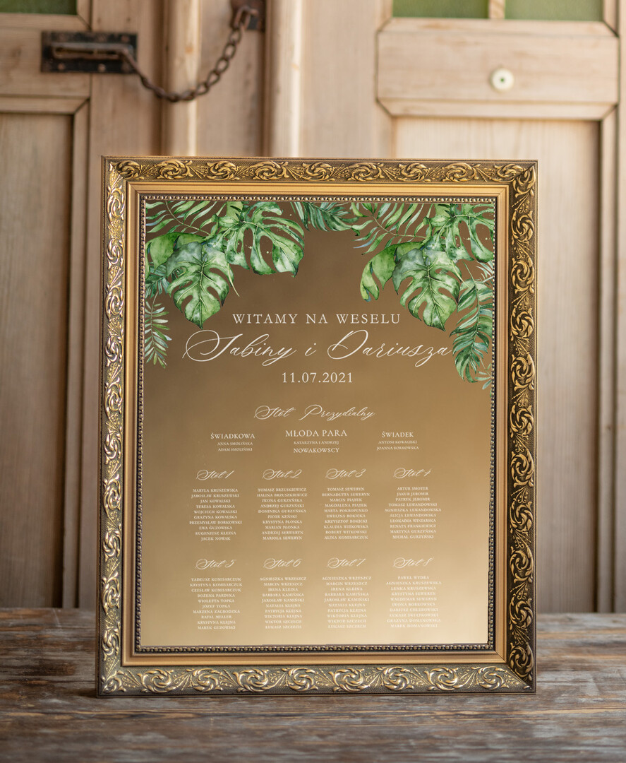 Plany stołów złote na lustrze  złoto zielony plan stołow na lustrze usadzenie gości na weselu rama powitanie gości idealne na zielone wesele0