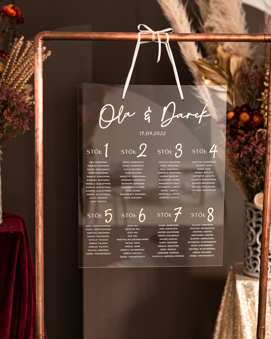 Plany stołów na pleksie - akryl plansza powitanie gości i plan stołów w jednym, akrylowy plan stołów, nowoczesna plansza usadzenia gości, plan stołów w stylu glamour6