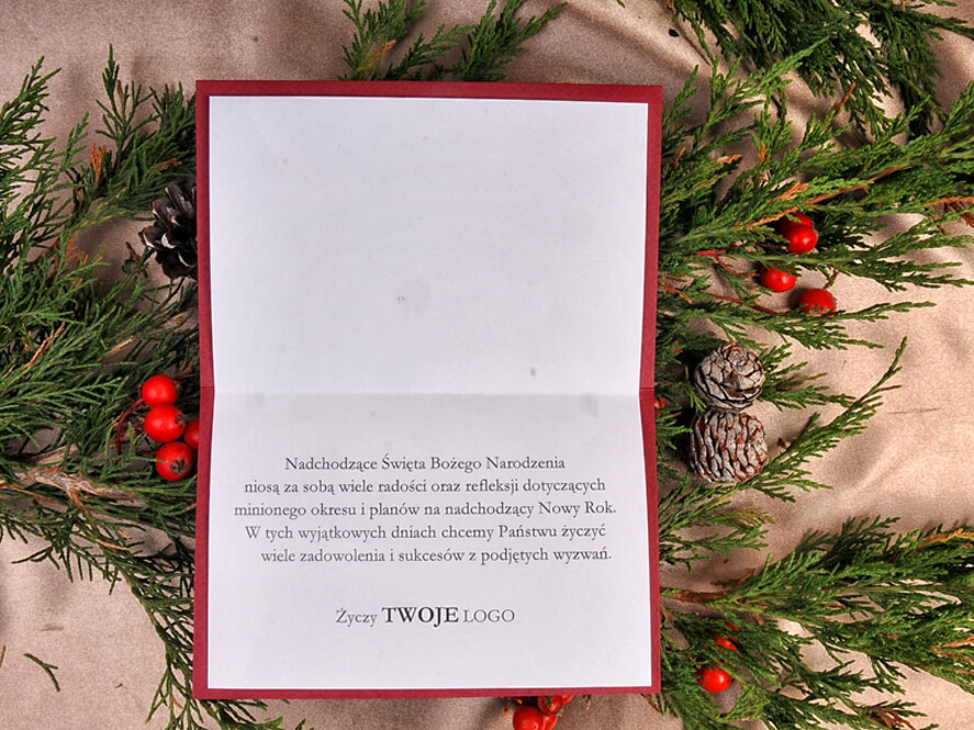 Kartki świąteczne z logo firmy laserowe biznesowe kartki świąteczne z logo, wycinane kartki świąteczne ze wstążką2