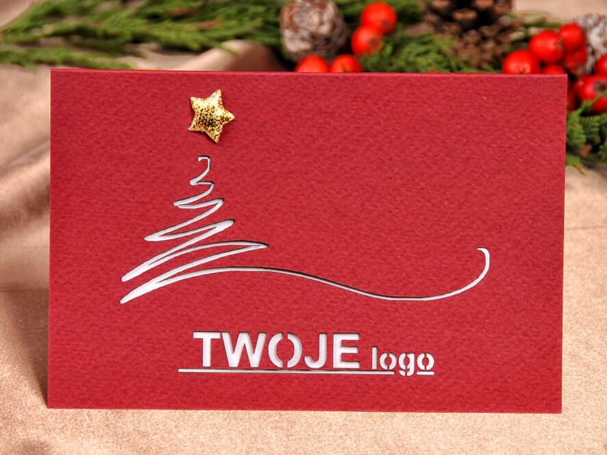 Kartki świąteczne z logo firmy laserowe biznesowe kartki świąteczne z logo, wycinane kartki świąteczne ze wstążką0