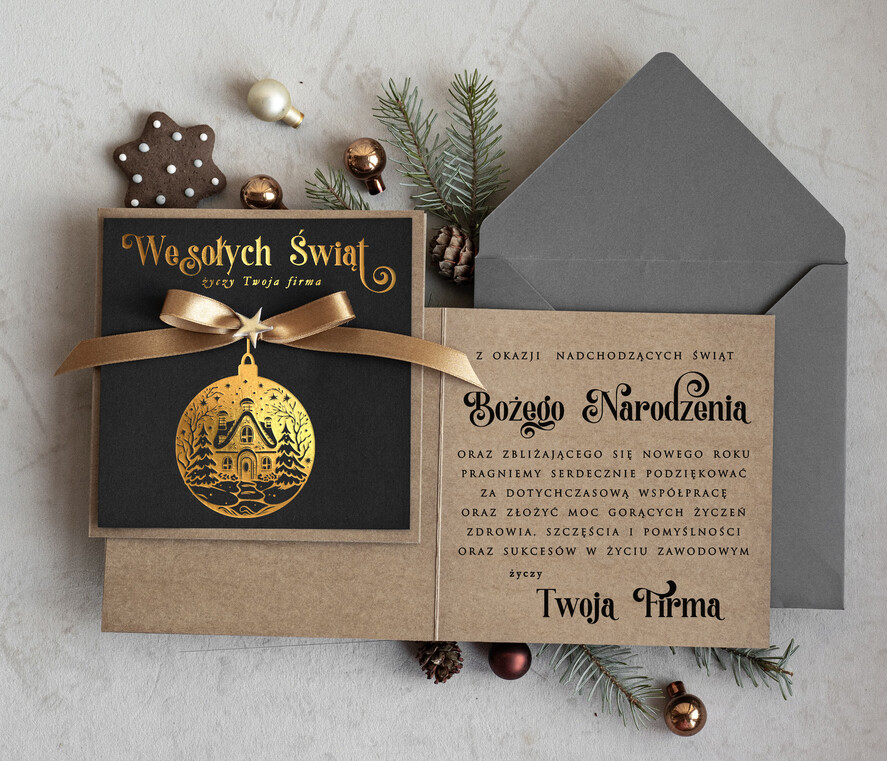 Kartki świąteczne z logo firmy Kokardki  Złocone kartki na święta z logo firmy, świąteczna kartka biznesowa z kokardką i złotymi napisami, nowoczesna firmowa kartka bożonarodzeniowa0