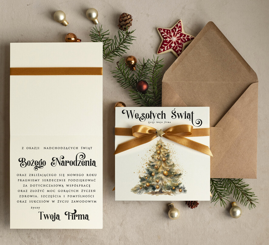 Kartki świąteczne z logo firmy Kokardki  bozonarodzeniowe kartki swiateczne z logo firmy, firmowa biznesowa kartka świąteczna z choinką, ekologiczna kartki świateczne z kokardką dla firm1