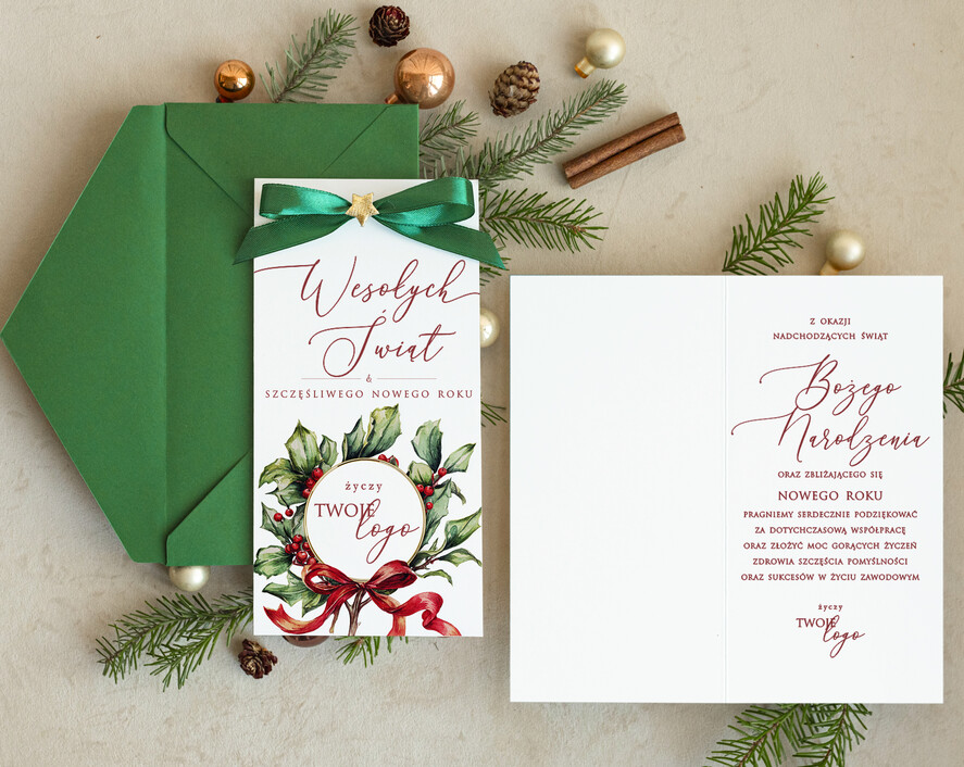 Kartki świąteczne z logo firmy Kokardki  biznesowe kartki świąteczne z logo, karnety bożonarodzeniowe i na nowy rok z kokardką1