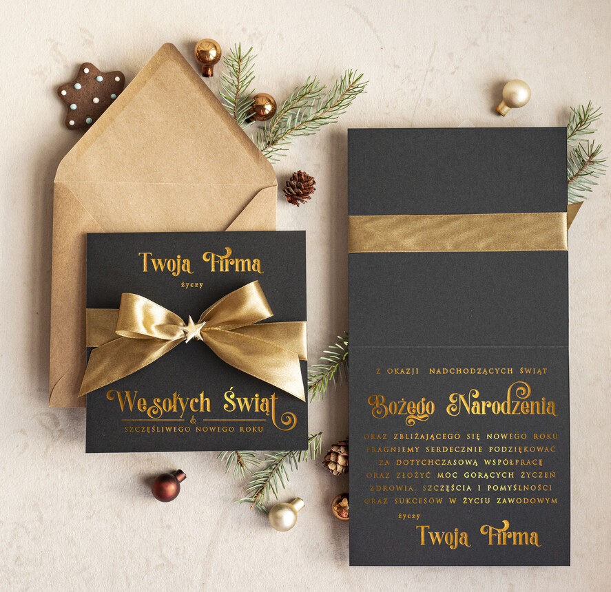 Kartki świąteczne z logo firmy Kokardki  Złocone kartki na święta z logo firmy, świąteczna kartka biznesowa z kokardką i złotymi napisami, nowoczesna firmowa kartka bożonarodzeniowa1