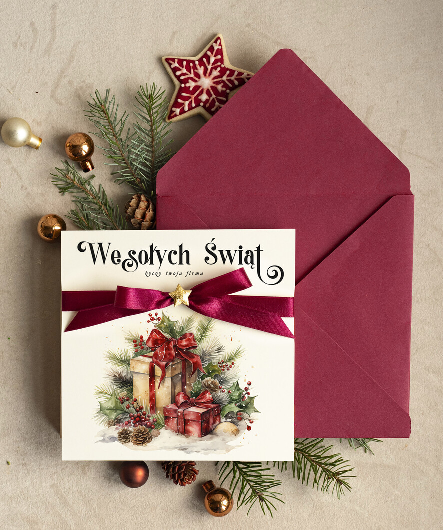 Kartki świąteczne z logo firmy Kokardki  bozonarodzeniowe kartki swiateczne z logo firmy, firmowa biznesowa kartka świąteczna, eleganckie kartki świateczne z kokardką dla firm0
