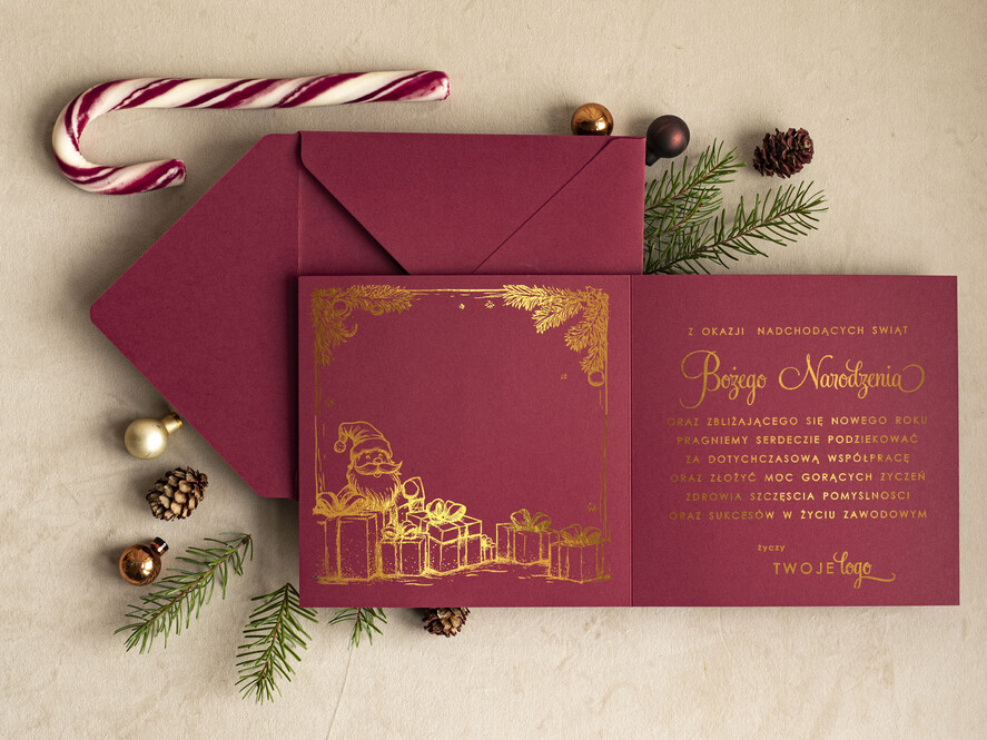Kartki świąteczne z logo firmy Kokardki  kartka świąteczna z logo firmy, złocone kartki bozonarodzeniowe dla klientów, biznesowe kartki świąteczne, firmowe pozłacane karnety, błyszczące złote karnety swiateczne złote napisy1