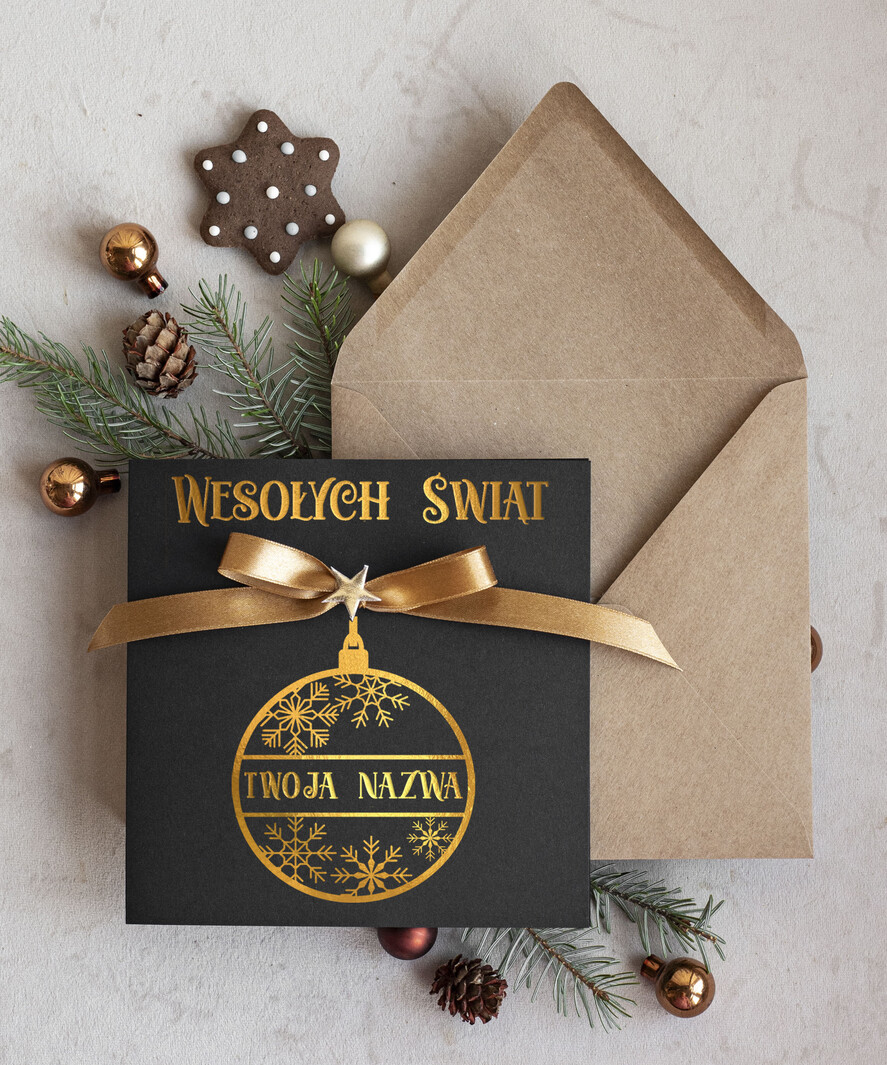 Kartki świąteczne z logo firmy Kokardki  Złocone kartki na święta z logo firmy, świąteczna kartka biznesowa z kokardką i złotymi napisami, nowoczesna firmowa kartka bożonarodzeniowa1