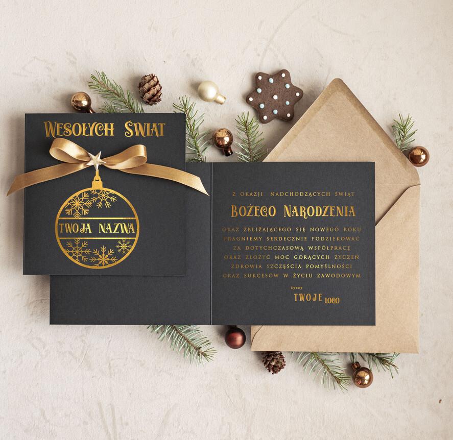 Kartki świąteczne z logo firmy Kokardki  Złocone kartki na święta z logo firmy, świąteczna kartka biznesowa z kokardką i złotymi napisami, nowoczesna firmowa kartka bożonarodzeniowa0