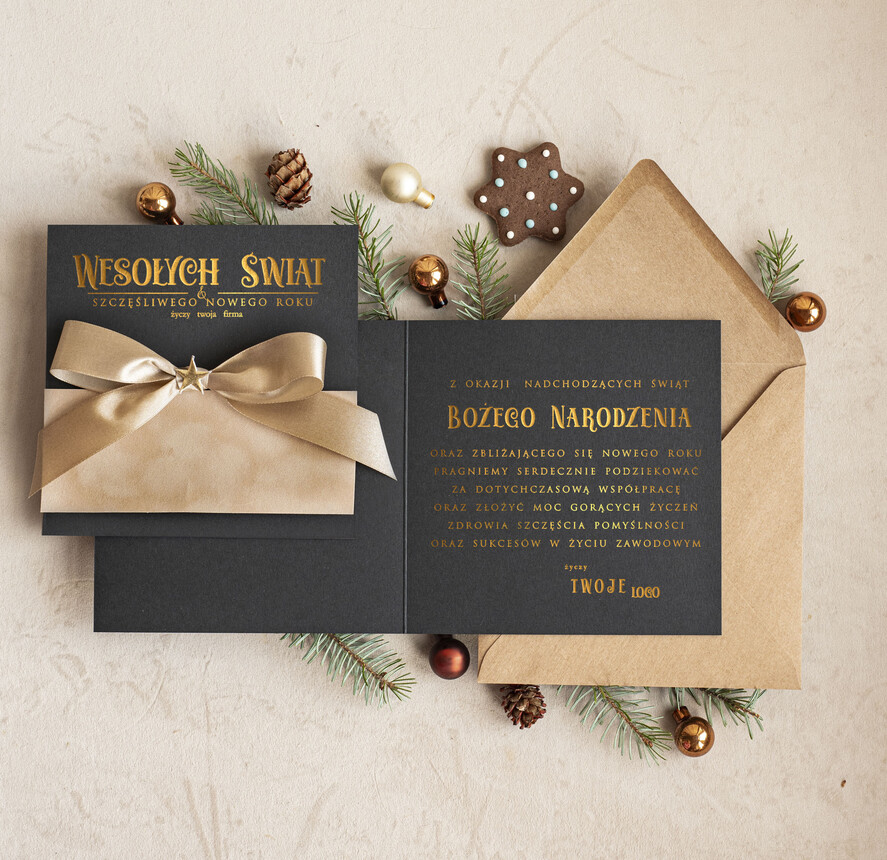 Kartki świąteczne z logo firmy Kokardki  Złocone kartki na święta z logo firmy, świąteczna kartka biznesowa z kokardką i welurem, nowoczesna firmowa kartka bożonarodzeniowa1