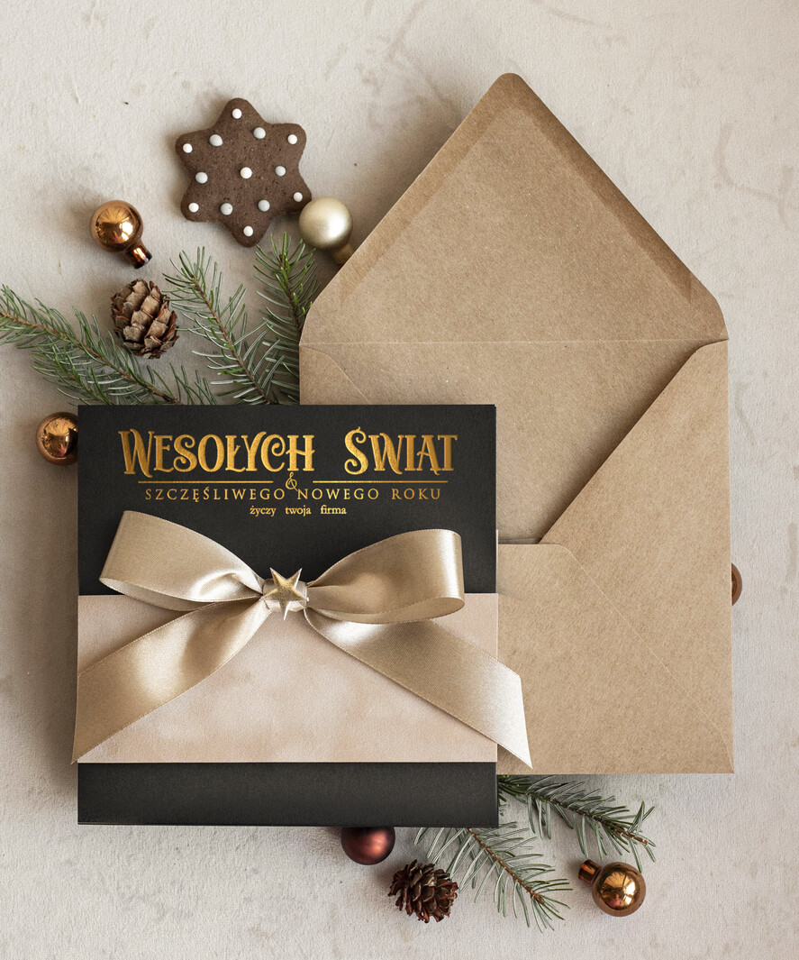 Kartki świąteczne z logo firmy Kokardki  Złocone kartki na święta z logo firmy, świąteczna kartka biznesowa z kokardką i welurem, nowoczesna firmowa kartka bożonarodzeniowa0