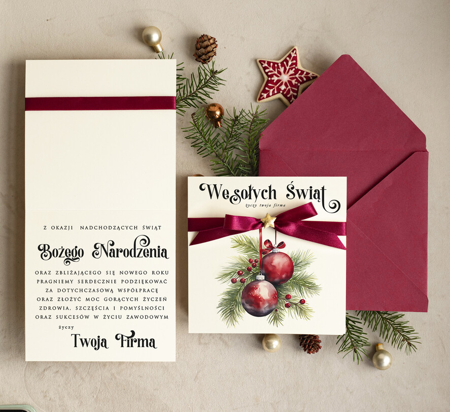 Kartki świąteczne z logo firmy Kokardki  bożonarodzeniowe kartki swiateczne z logo firmy, firmowa biznesowa kartka świąteczna, eleganckie kartki świateczne z kokardką dla firm1