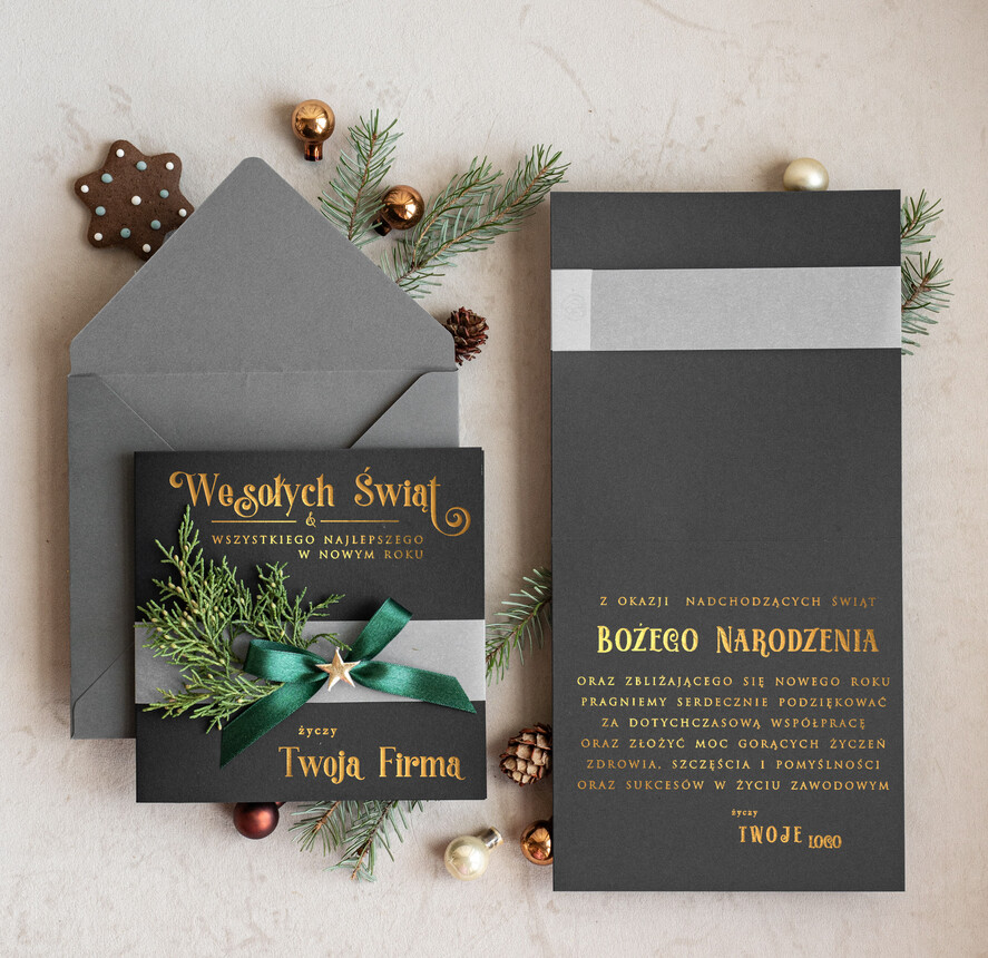 Kartki świąteczne z logo firmy Kokardki  Złocone kartki na święta z logo firmy, świąteczna kartka biznesowa z kokardką i złotymi napisami, nowoczesna firmowa kartka bożonarodzeniowa0