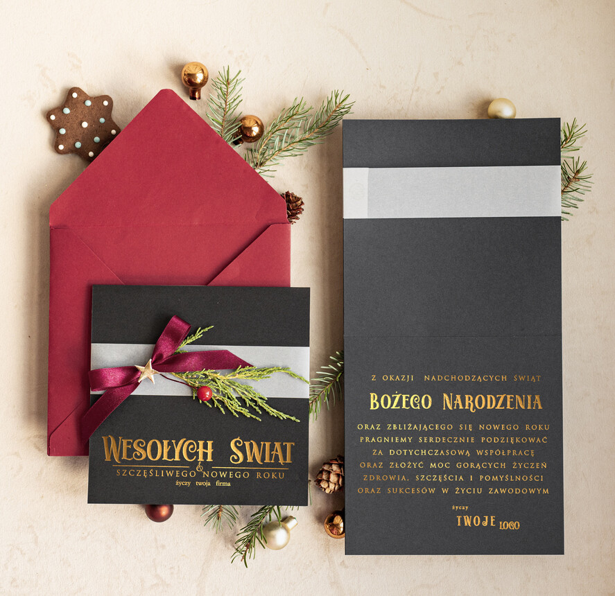 Kartki świąteczne z logo firmy Kokardki  Złocone kartki na święta z logo firmy, świąteczna kartka biznesowa z kokardką i naturalną ozdobą, nowoczesna firmowa kartka bożonarodzeniowa0